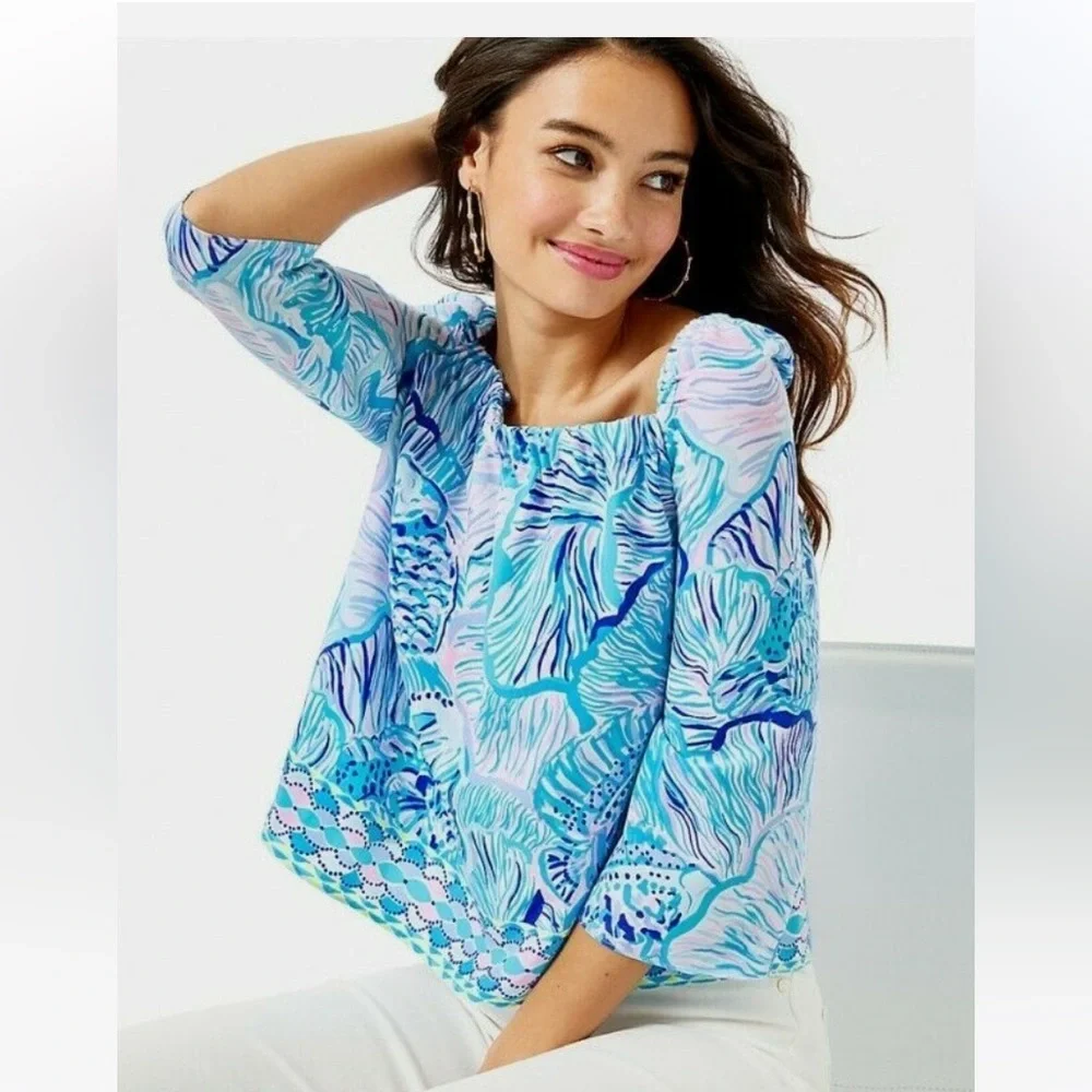 Lilly Pulitzer NWT Lizzie Bermuda Blue Fishful Thinking Blue Lilac Blouse Top M - Picture 2 of 10